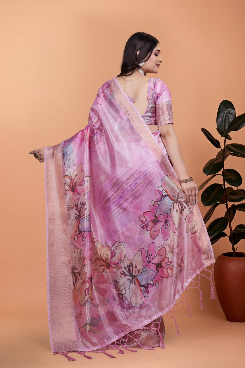 Baby Pink Soft Silk Saree with Floral Digital Print & Copper Zari Border