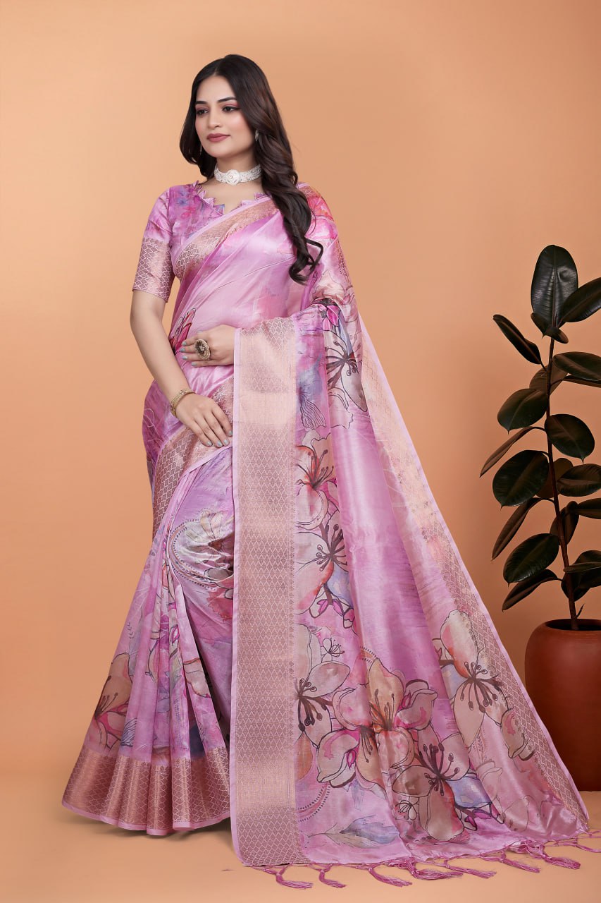 Baby Pink Soft Silk Saree with Floral Digital Print & Copper Zari Border
