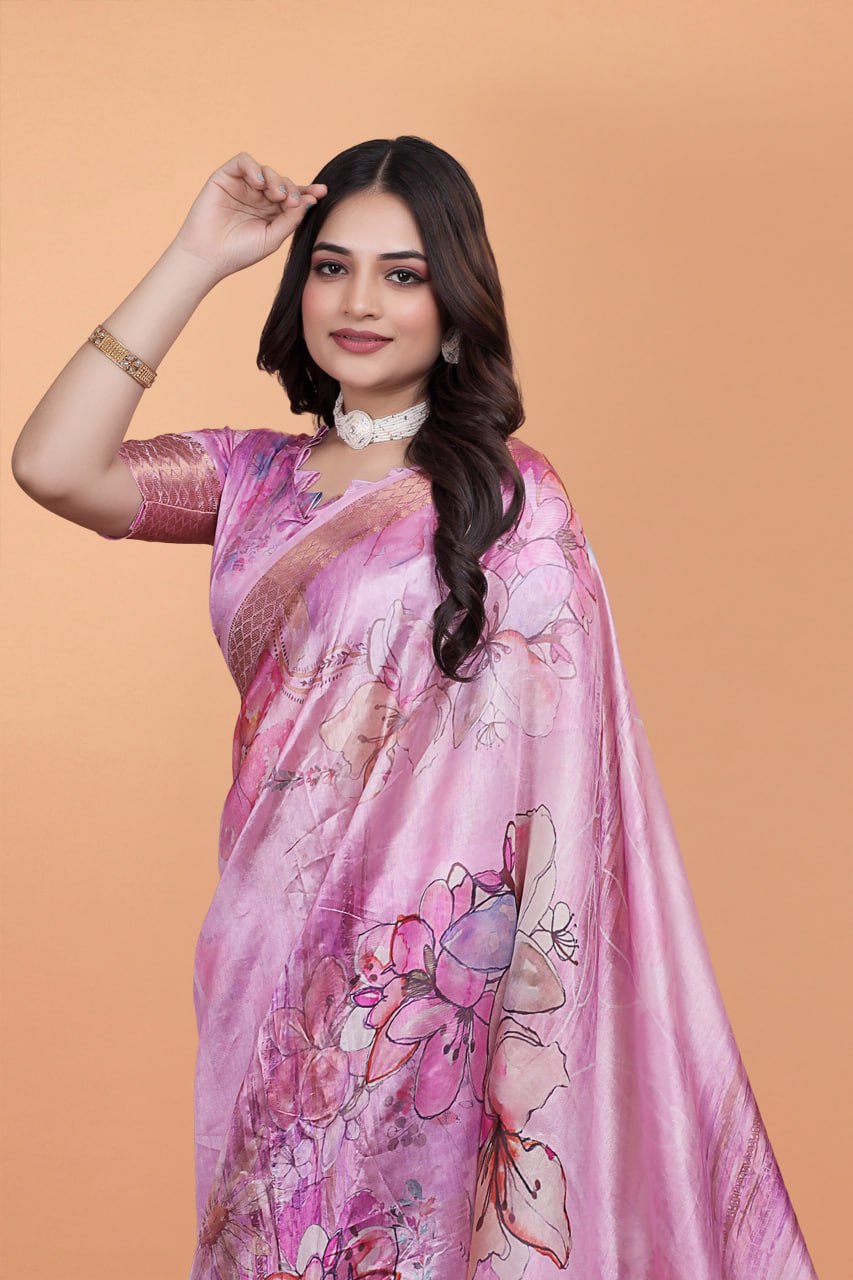 Baby Pink Soft Silk Saree with Floral Digital Print & Copper Zari Border