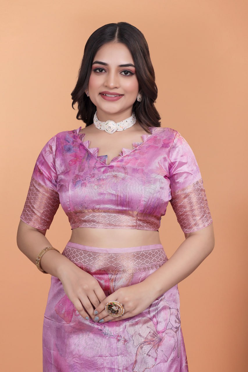 Baby Pink Soft Silk Saree with Floral Digital Print & Copper Zari Border