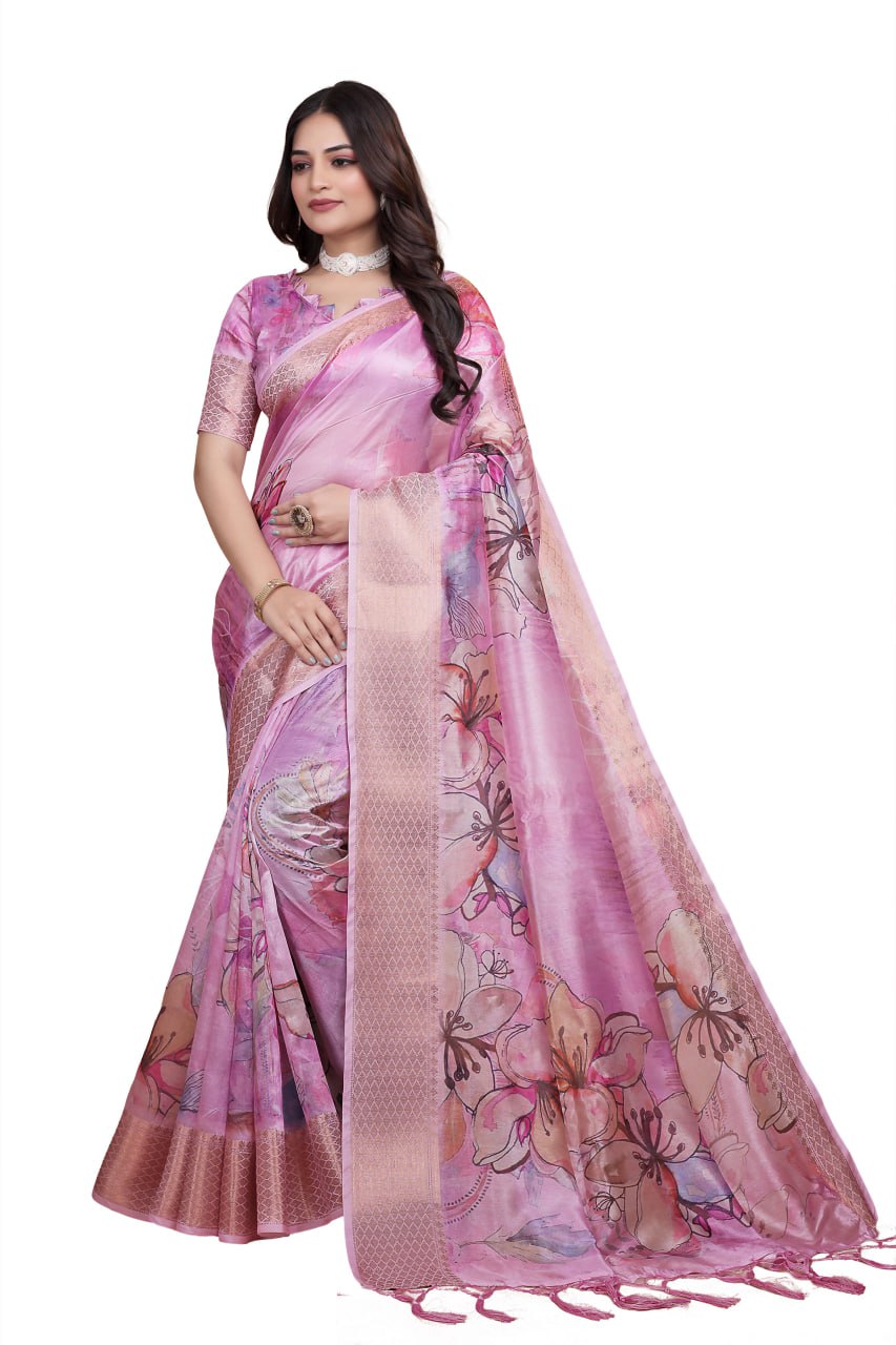 Baby Pink Soft Silk Saree with Floral Digital Print & Copper Zari Border