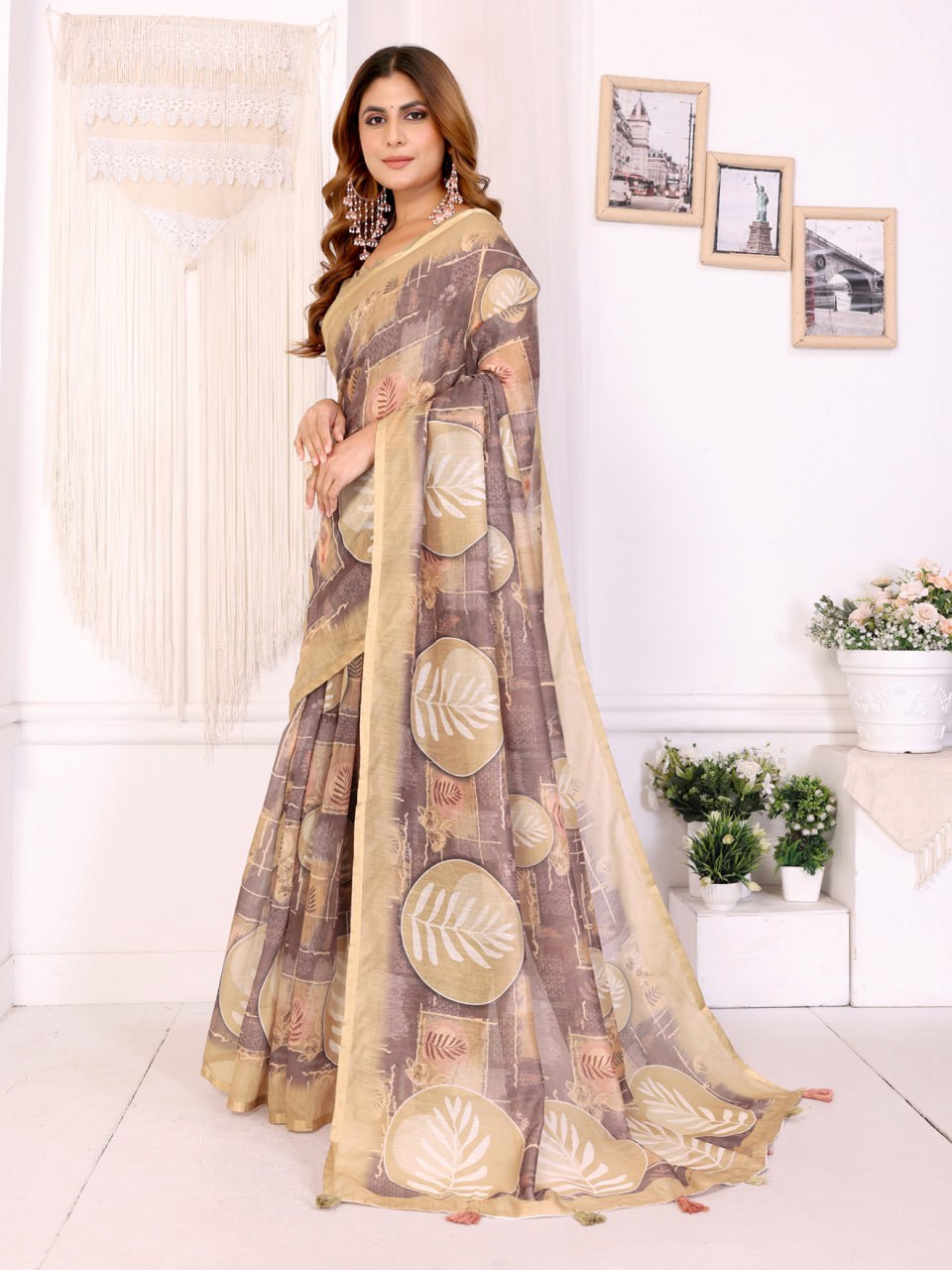 Elegant White Chanderi Saree with Digital Leaf Print