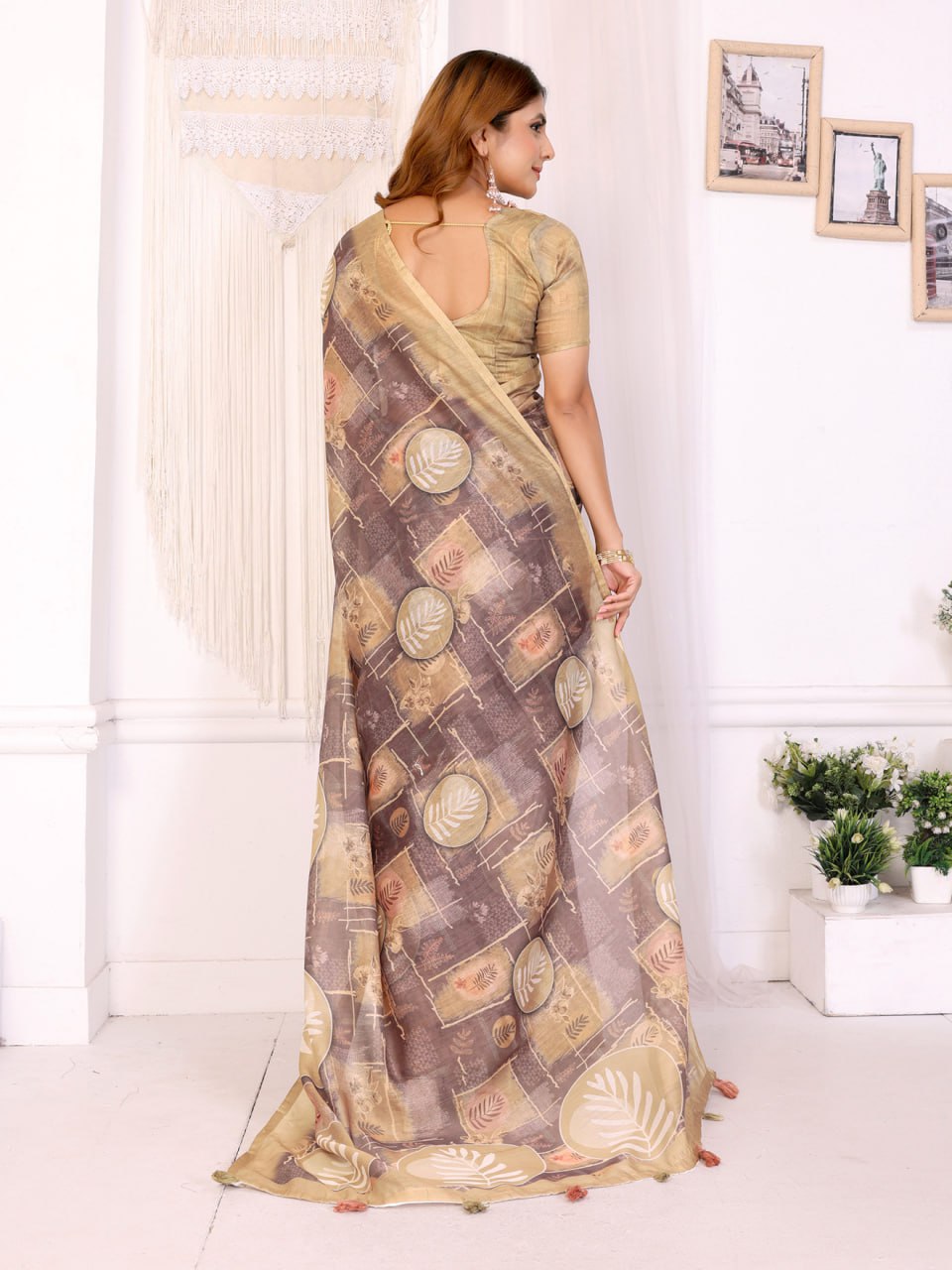 Elegant White Chanderi Saree with Digital Leaf Print
