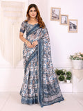 Stylish White Chanderi Saree with Digital Geometric Print