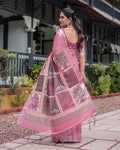 Blush Pink Heritage Patchwork Digital Print Designer Border Linen Cotton Saree