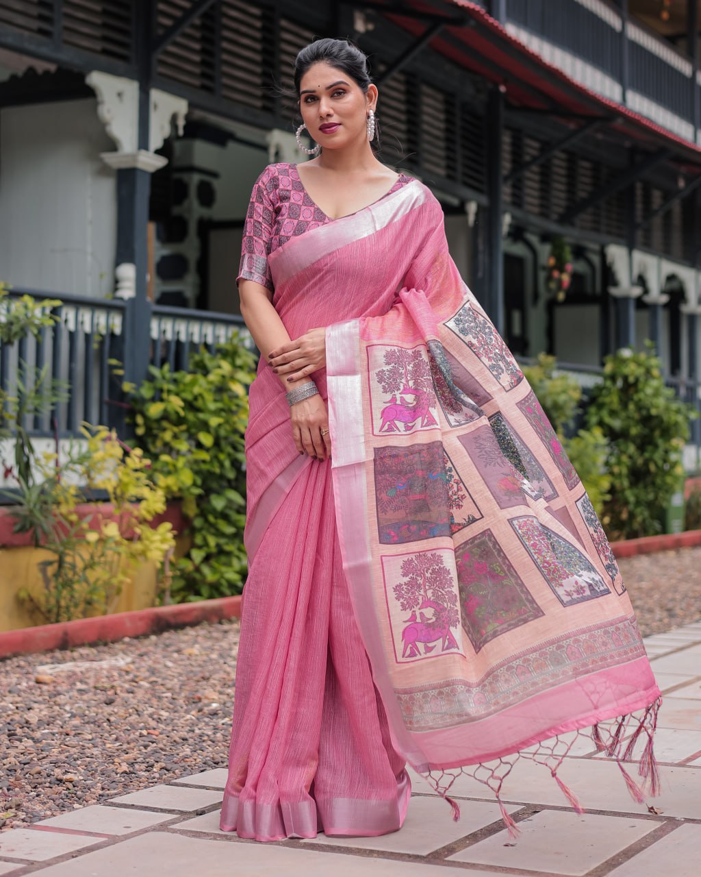 Blush Pink Heritage Patchwork Digital Print Designer Border Linen Cotton Saree