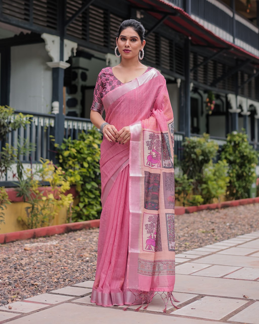 Blush Pink Heritage Patchwork Digital Print Designer Border Linen Cotton Saree