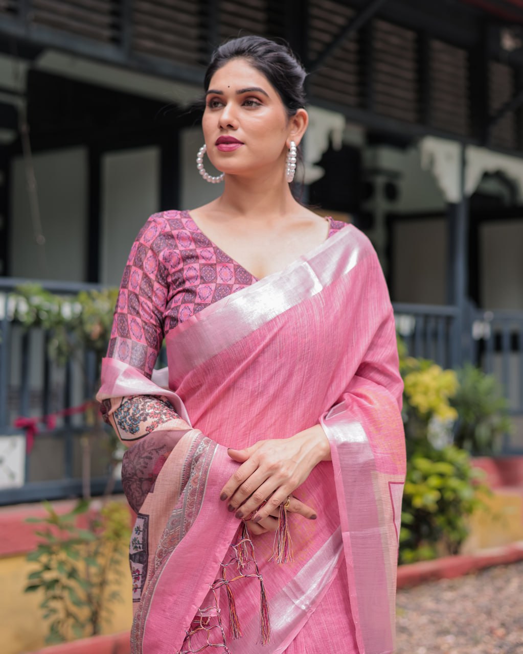 Blush Pink Heritage Patchwork Digital Print Designer Border Linen Cotton Saree