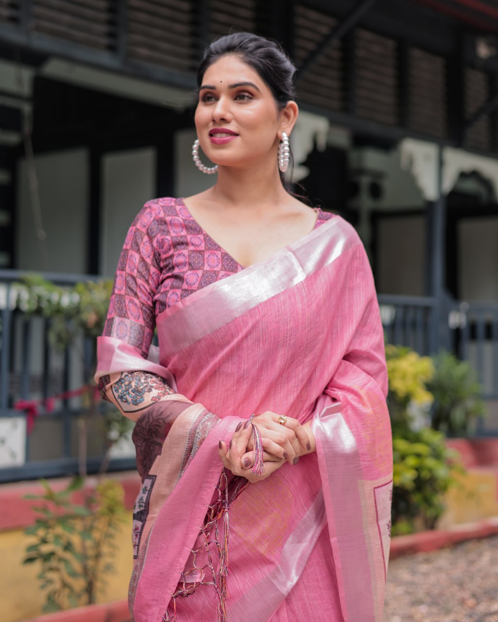 Blush Pink Heritage Patchwork Digital Print Designer Border Linen Cotton Saree