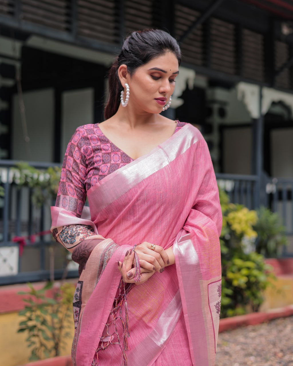 Blush Pink Heritage Patchwork Digital Print Designer Border Linen Cotton Saree