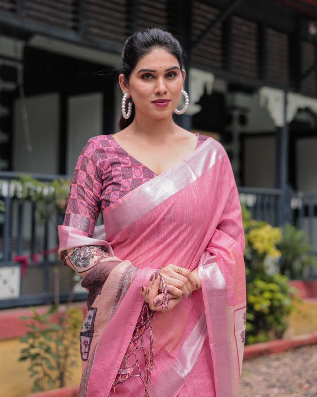 Blush Pink Heritage Patchwork Digital Print Designer Border Linen Cotton Saree