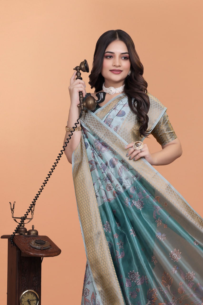 Pastel Blue & Teal Soft Silk Saree with Floral Weaving
