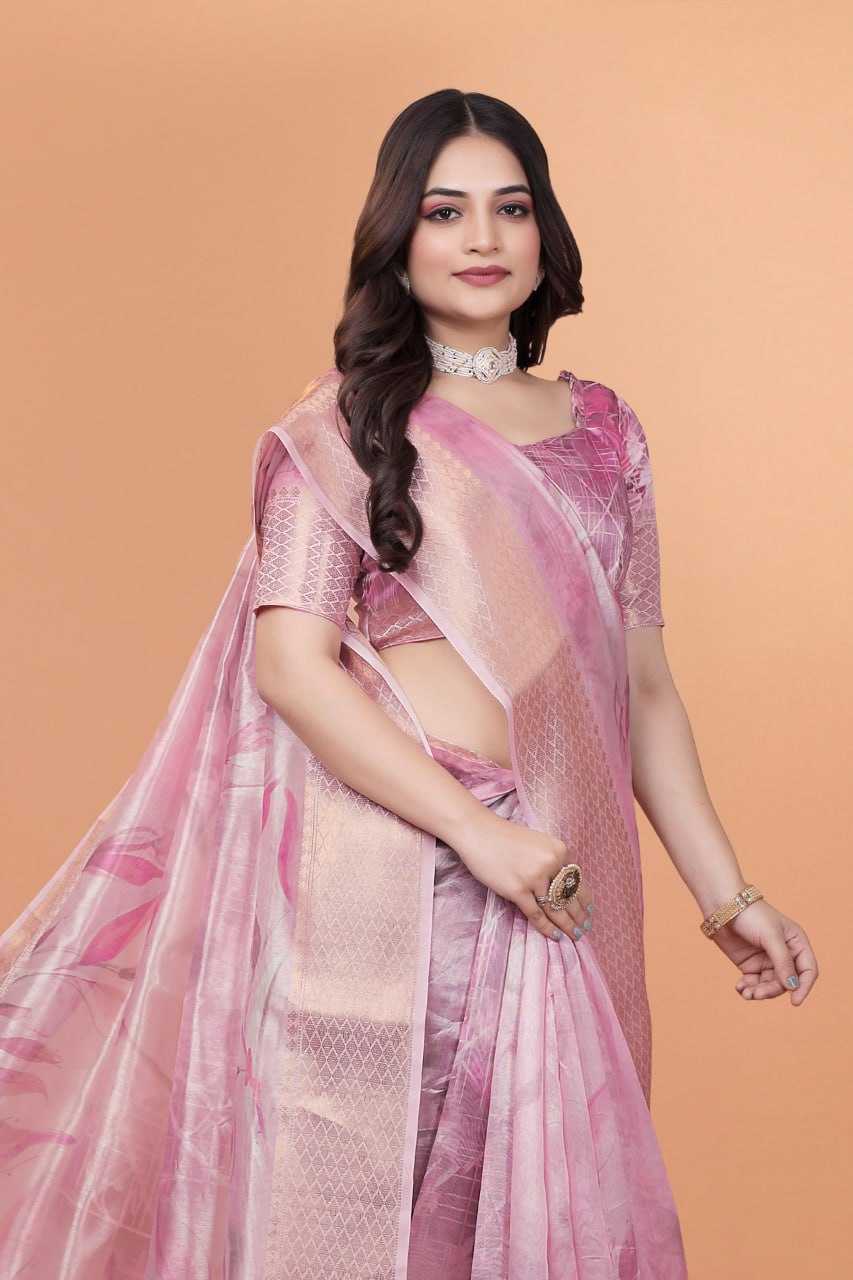 Soft Pink Silk Saree with Elegant Leaf Pattern