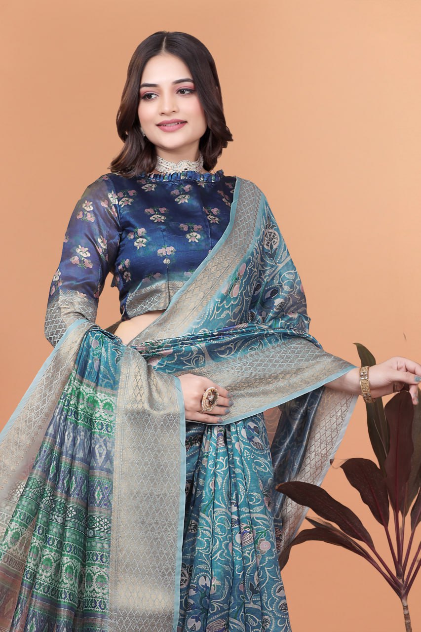 Peacock Blue Soft Silk Saree with Floral Zari Weave & Multi-Color Pallu