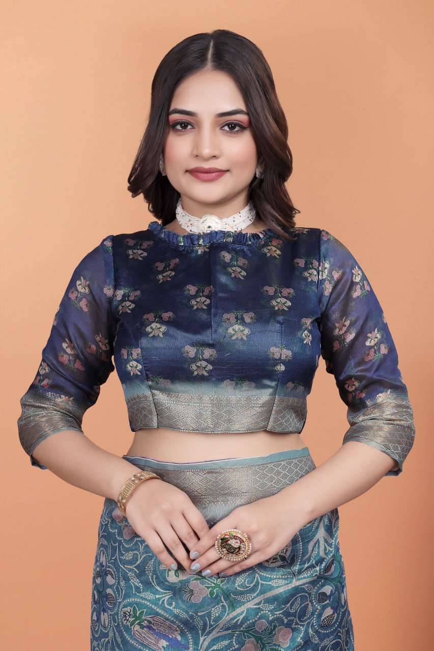 Peacock Blue Soft Silk Saree with Floral Zari Weave & Multi-Color Pallu