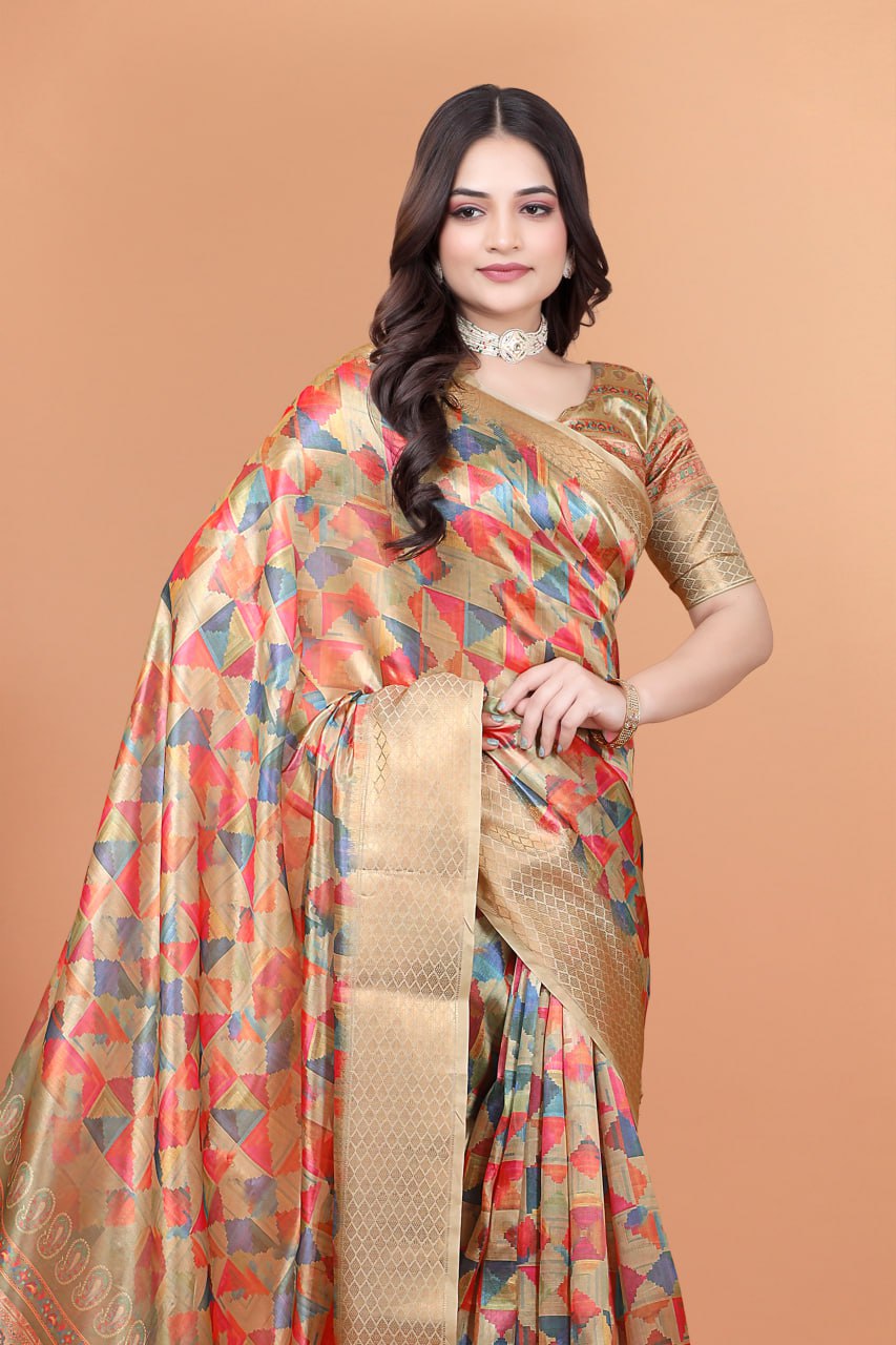 Golden Multicolor Soft Silk Saree with Geometric Weave & Ornate Pallu