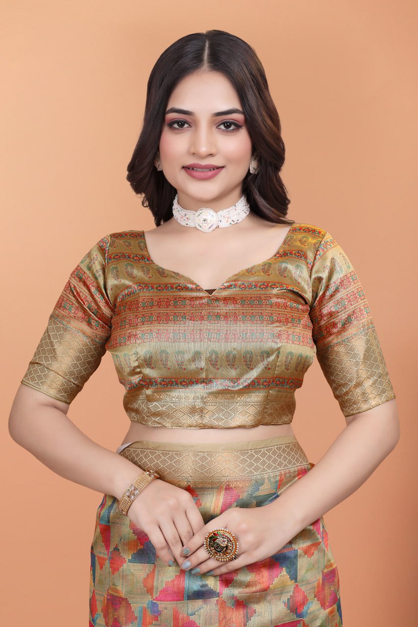 Golden Multicolor Soft Silk Saree with Geometric Weave & Ornate Pallu