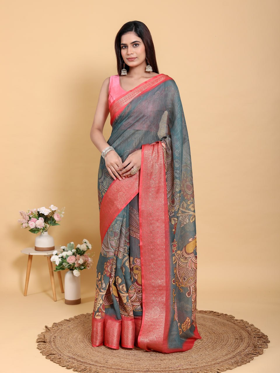 Elegant Peacock & Floral Kalamkari Design Linen Cotton Saree